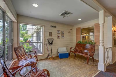 Comfortable seating area in a light-filled common room
