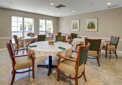 Interior dining area with tables and chairs