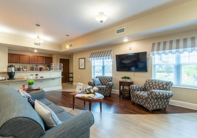 Comfortable common area with seating and kitchen