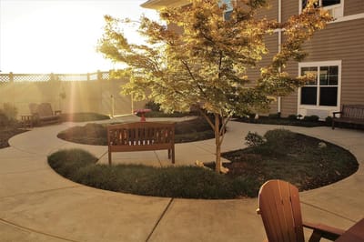 Well-maintained outdoor garden area with seating