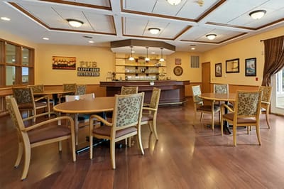 Interior view of a dining area with seating