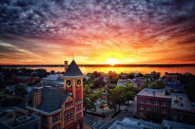 Aerial view of a small town at sunset