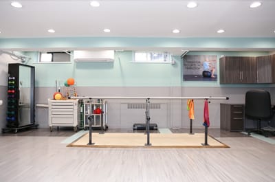 Interior of a rehabilitation therapy room with equipment