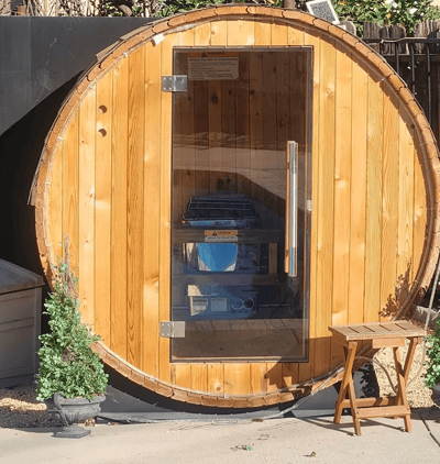 Wooden sauna unit in a relaxation area