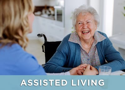 Smiling elderly woman enjoying conversation with caregiver