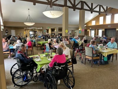 Residents enjoying meals in a dining room setting