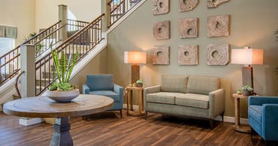 Interior common area with seating and decorative elements
