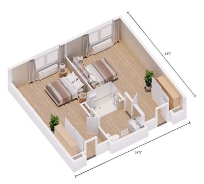 Architectural floor plan of a resident room layout