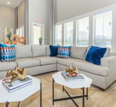 Cozy common area with modern furniture and decor