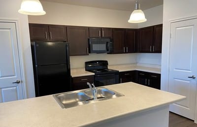 Modern kitchen in a senior living facility apartment
