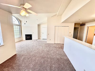 Bright interior view of a resident unit with a fireplace