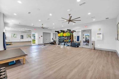 Interior fitness area with exercise equipment