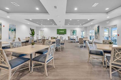 Bright dining area with modern furniture and decor