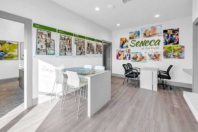 Interior view of a social space with seating and decor