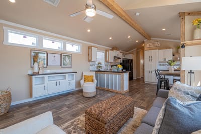 Bright and welcoming interior common area with kitchen