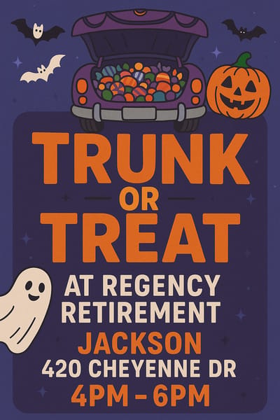 Promotional graphic for a trunk or treat event at Regency Retirement