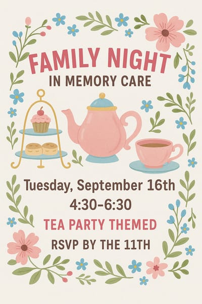 Event flyer for a family night tea party