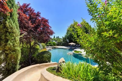 Well-maintained outdoor pool area surrounded by greenery