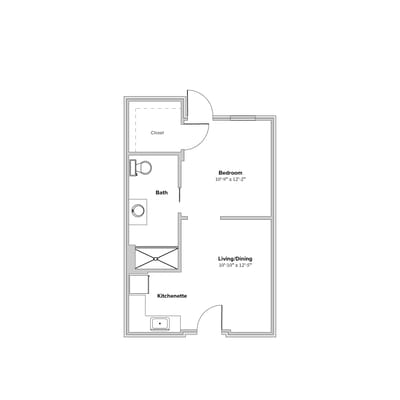 Architectural floor plan of a one-bedroom unit