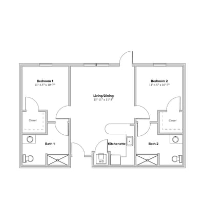 Architectural floor plan of a two-bedroom unit