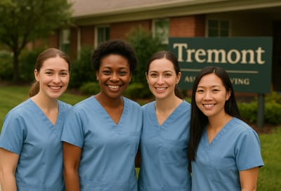 Staff members in scrubs in front of Tremont Ridge Assisted Living sign