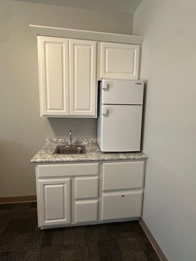 Kitchenette area with cabinets and refrigerator