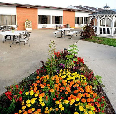 Outdoor space with flowers and seating areas.