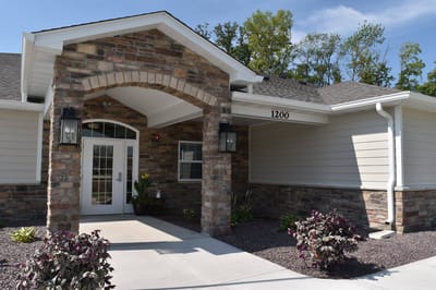 Exterior entrance of Hickory Estates Memory Care facility