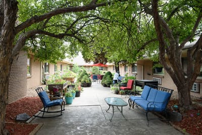 Outdoor seating area with plants and trees