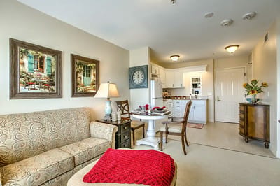 Cozy interior of a resident's suite with kitchen