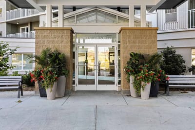 Entrance of the facility with potted plants