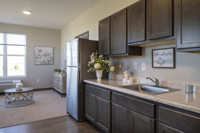 Modern kitchen area in a senior living unit