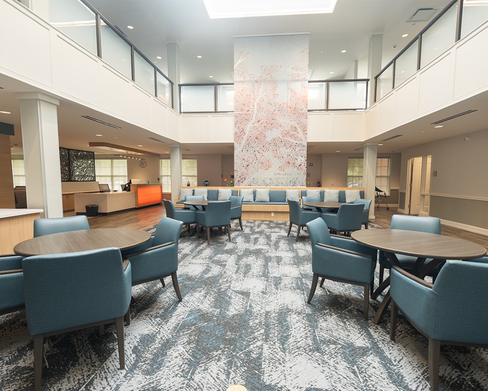 Bright interior common area with seating