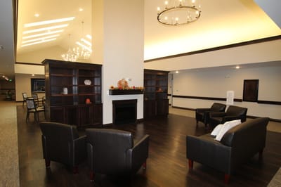 Interior common area with seating and fireplace