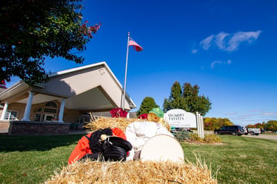 Exterior view of Hickory Estates with decorations