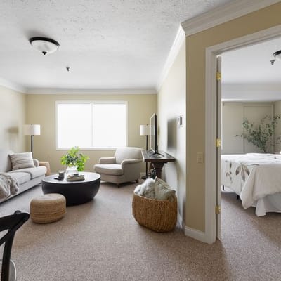Cozy interior of a resident room with seating area