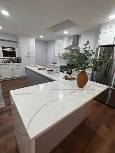 A modern kitchen setup with food arrangements.