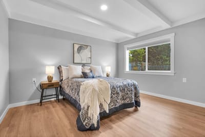 Bright and spacious interior bedroom with decor