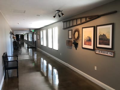 Well-decorated corridor with artwork and seating