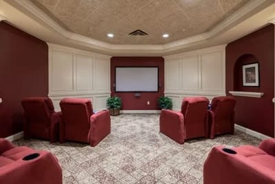 Cozy private movie room with red chairs