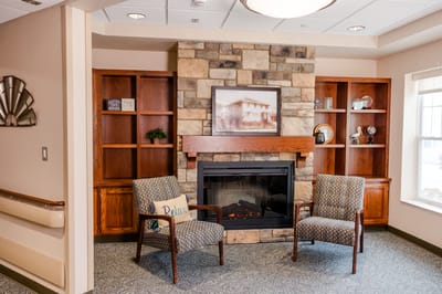 Cozy common area with fireplace and seating