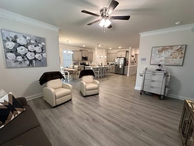 Bright and inviting interior living space with seating