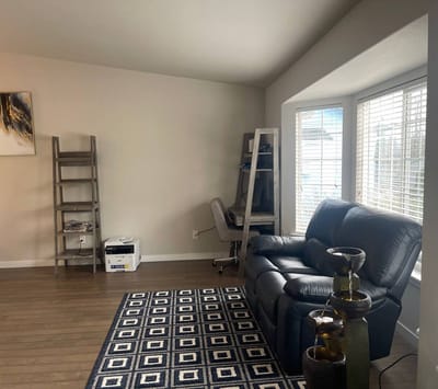 Bright, airy interior with a leather couch