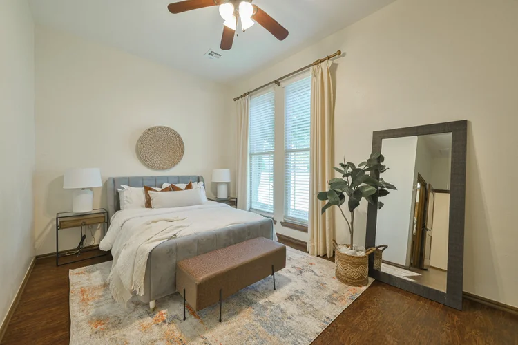 Cozy bedroom with warm lighting and comfortable decor