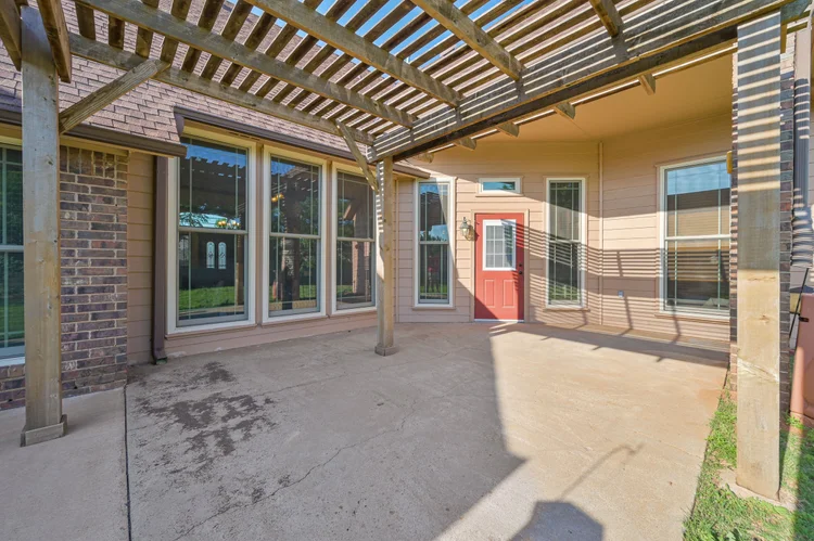Outdoor patio area with shaded seating