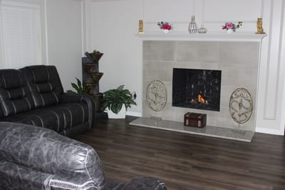Cozy common area with a fireplace and seating