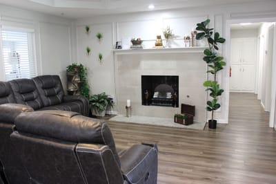 Interior view of a cozy common area with seating