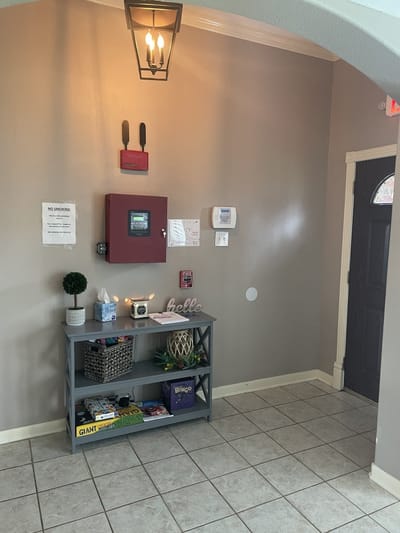 Interior corner of a facility lobby with decor