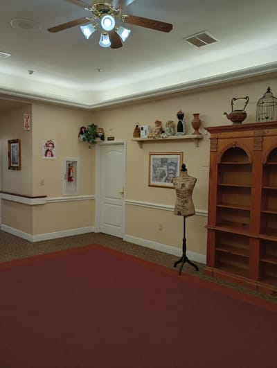 Interior view of a common area with decor and shelving
