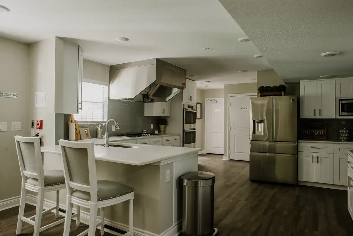 Bright modern kitchen area in assisted living facility